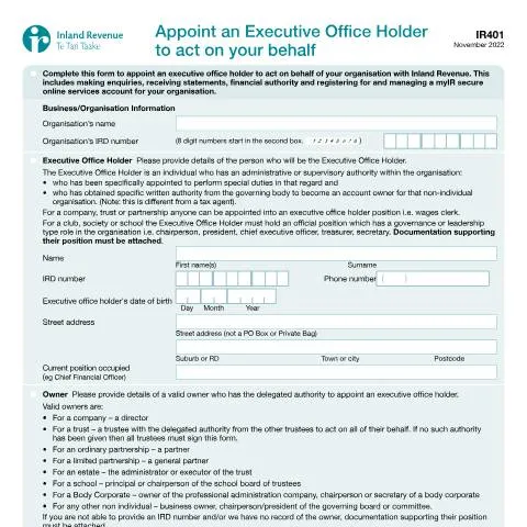 Document preview: Guide to Appointing an Executive Office Holder in New Zealand — Taxes (CERFA n°IR401)