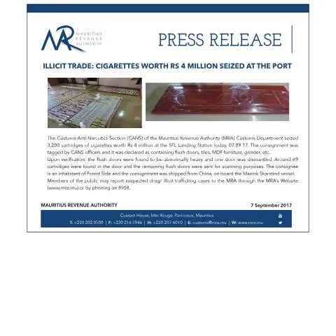 Document preview: Cigarette Smuggling Exposed: Rs 4 Million Seized in Mauritius — Government & admin (CERFA n°SeizureCigarettes070917)