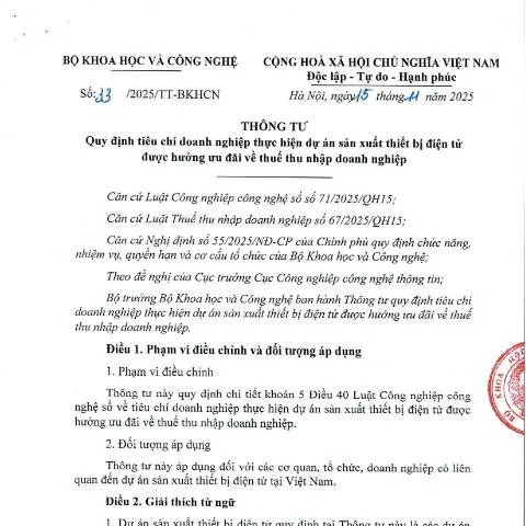 Document preview: Thông tư 33/2025/TT-BKHCN: Ưu đãi thuế cho Doanh nghiệp Sản xuất Thiết — Thuế & tài chính (CERFA n°33/2025/TT-BKHCN)