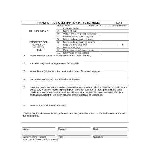 Document preview: Guide to the DA 4 Transire Form for Maritime Activities — Government & admin (CERFA n°DA 4)