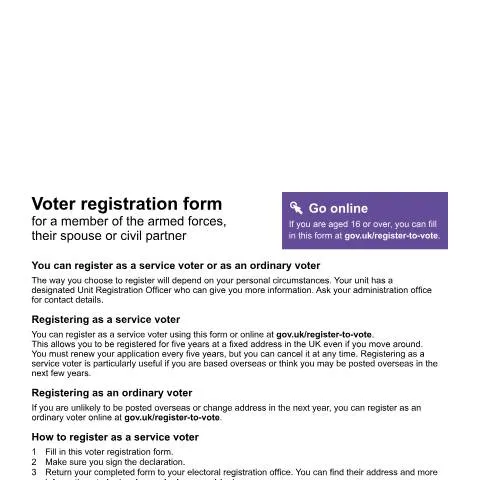 Document preview: Voting Rights for Armed Forces Members: Registration Guide — Government & admin