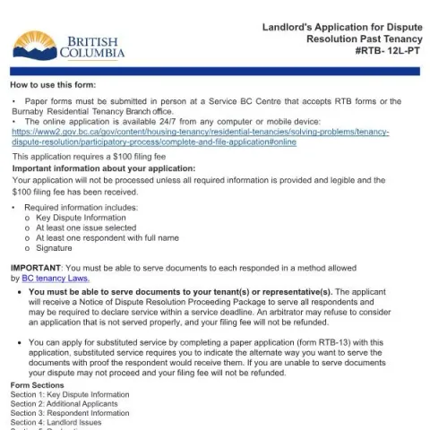 Document preview: Resolving Past Tenancy Disputes in British Columbia — Housing (RTB-12L-PT)