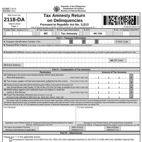 Document preview: Guide to BIR Form 2118-DA: Philippines Tax Amnesty on Delinquencies — Government & admin (CERFA n°2118-DA)
