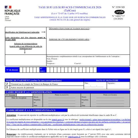 Aperçu du document Taxe surfaces commerciales 2026 : guide complet déclaration — Démarches administratives (CERFA n°14001*17)