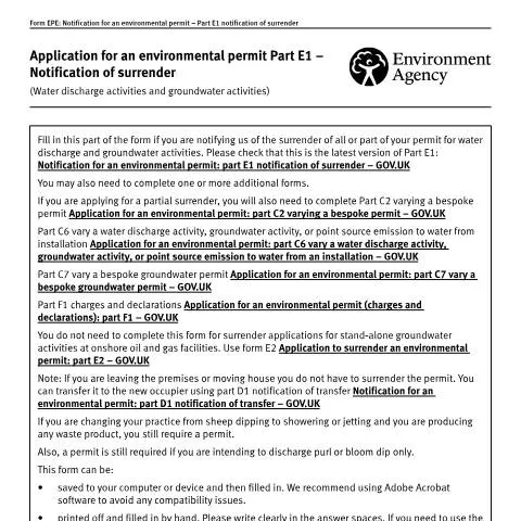 Document preview: How to Surrender Your Environmental Permit Using Part E1 Notification — Environment & energy