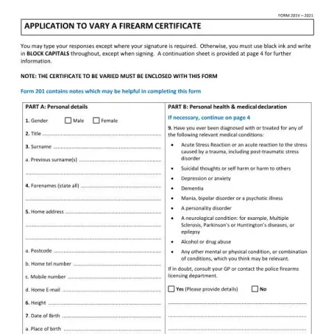 Document preview: How to Apply to Vary a Firearm Certificate (Form 201V) — Government & admin (201V)
