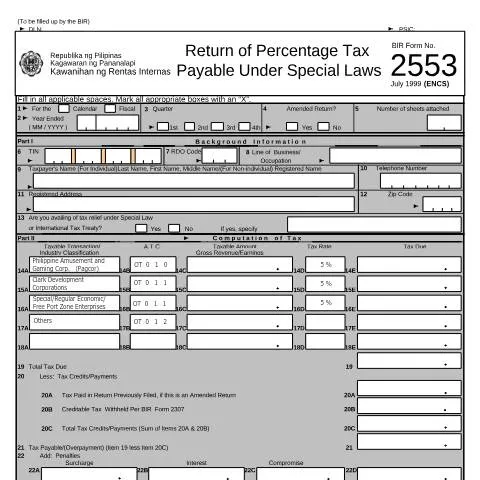 Document preview: Understanding BIR Form 2553: Return of Percentage Tax Payable Under — Taxes (CERFA n°2553)