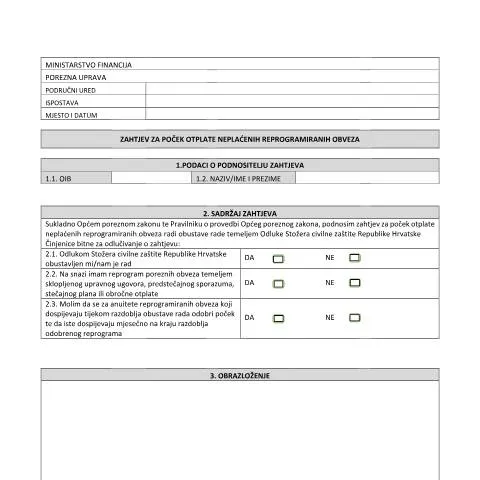 Document preview: Kako podnijeti zahtjev za poček otplate poreznih dugova — Porezi i fiskalnost (CERFA n°Zahtjev za poček otplate neplaćenih reprogramiranih obveza)