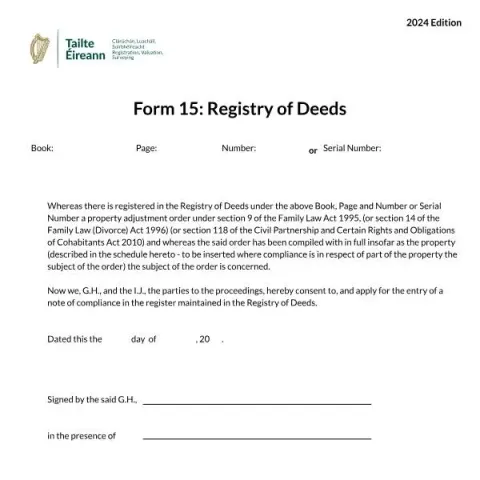 Document preview: How to Complete Form 15 for Registry of Deeds Applications in Ireland — Legal & justice (Form 15)