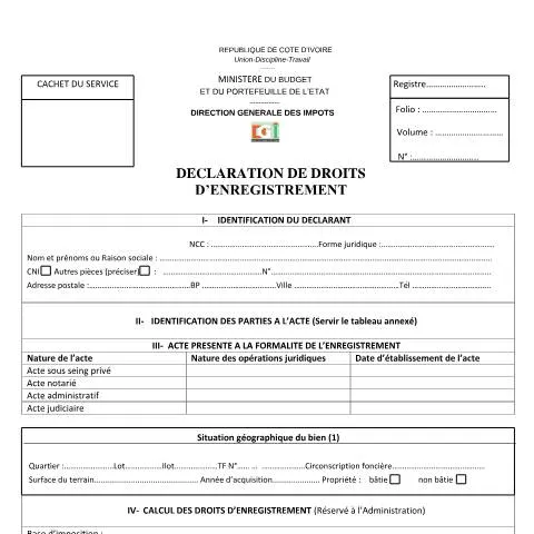 Aperçu du document Comprendre la Déclaration des Droits d'Enregistrement en Côte d'Ivoire — Impôts & fiscalité