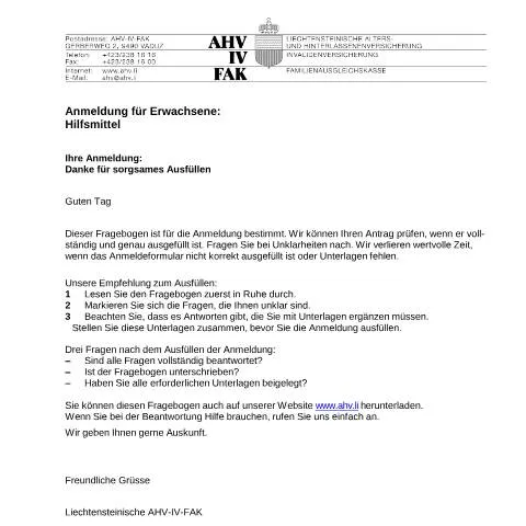 Dokumentvorschau: Anmeldung für Hilfsmittel der Invalidenversicherung für Erwachsene — Gesundheit (CERFA n°IV--Anmeldung_Erwachsene_Hilfsmittel)