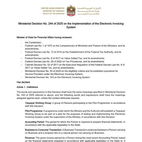 Document preview: Understanding the UAE's Electronic Invoicing System Mandate — Taxes (CERFA n°Ministerial Decision No. 244 of 2025)