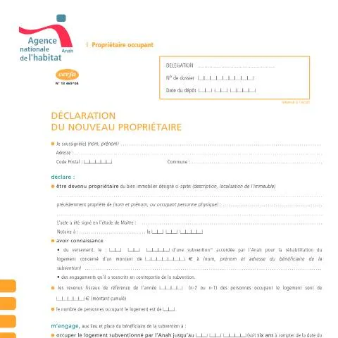 Aperçu du document Déclaration obligatoire du nouveau propriétaire occupant à l'Anah — Logement (CERFA n°13465*04)