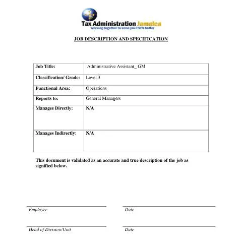 Document preview: Administrative Assistant Level 3 Job Overview in Jamaica — Government & admin (CERFA n°Administrative-Assistant-General-Manager-Collector-of+Taxes_22052026)