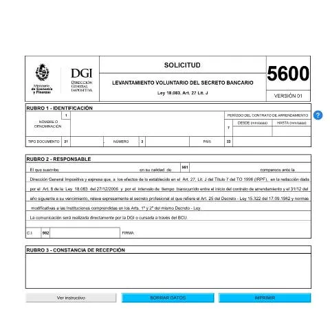 Vista previa del documento Todo sobre el Formulario 5600 para el Secreto Bancario en Uruguay — Trámites administrativos (CERFA n°5600)