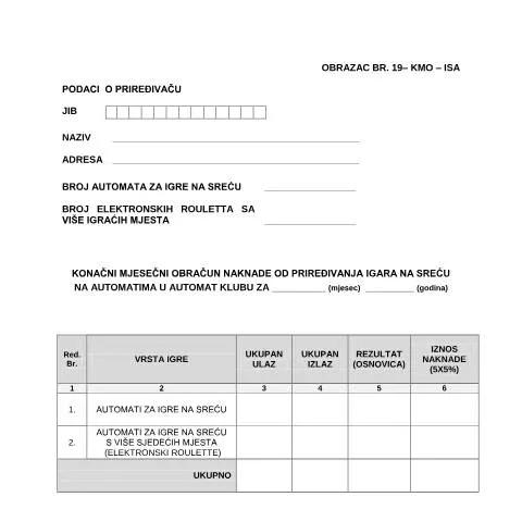 Document preview: Važnost Konačnog Mjesečnog Obračuna Naknade od Igara na Sreću — Administrativne procedure (CERFA n°KMO-ISA)