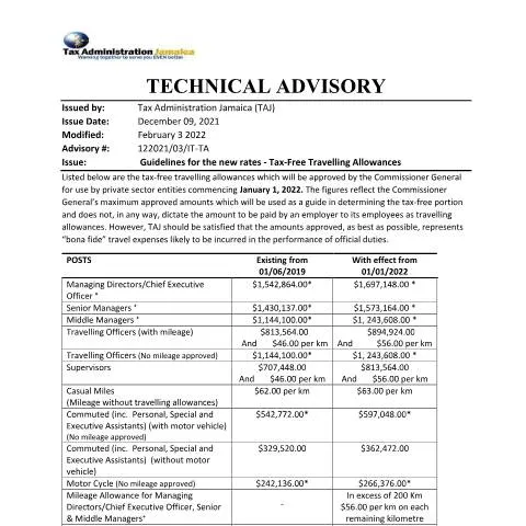Document preview: Jamaica Technical Advisory on Tax-Free Travel Allowances — Taxes (CERFA n°technical_advisory_guidelines_for_Tax_free_travelling_allowances_010220220_21022022e)