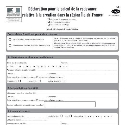Aperçu du document Déclaration fiscale pour les nouveaux bureaux en Île-de-France — Impôts & fiscalité (CERFA n°14600*01)