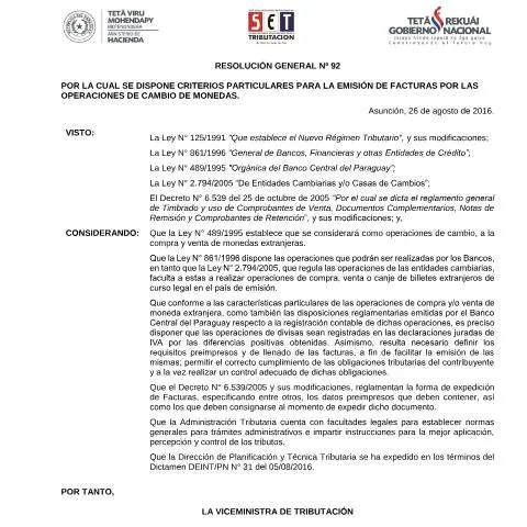 Vista previa del documento Lineamientos para emisión de facturas en cambio de moneda en Paraguay — Trámites administrativos