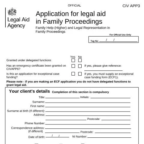 Document preview: How to Apply for Family Legal Aid Using Form CIV APP3 — Legal & justice