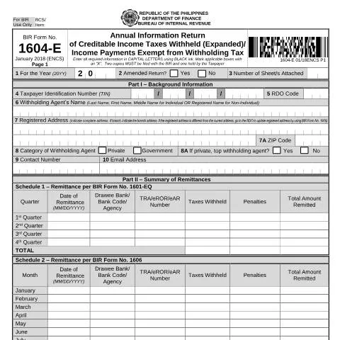 Document preview: Understanding BIR Form No. 1604-E for Tax Reporting — Government & admin (CERFA n°1604-E)