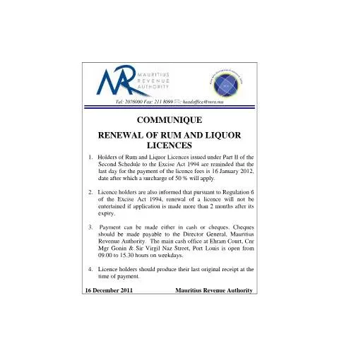Document preview: Mauritius Rum and Liquor Licence Renewal Notice — Government & admin (CommuniqueRumLiquor12122011)