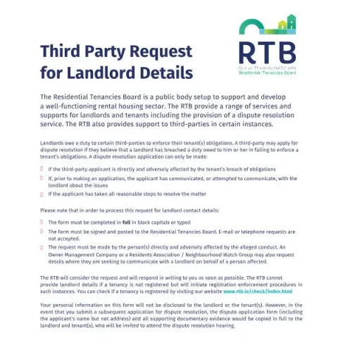 Document preview: How to Submit a Third Party Request for Landlord Details — Housing (RTB_Third_party_request_form_REVISED_2026_May)