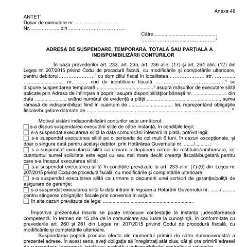 Document preview: Suspendarea Indisponibilizării Conturilor - OPANAF 63/2017 — Impozite & fiscalitate (CERFA n°A48_OPANAF_63_2017)