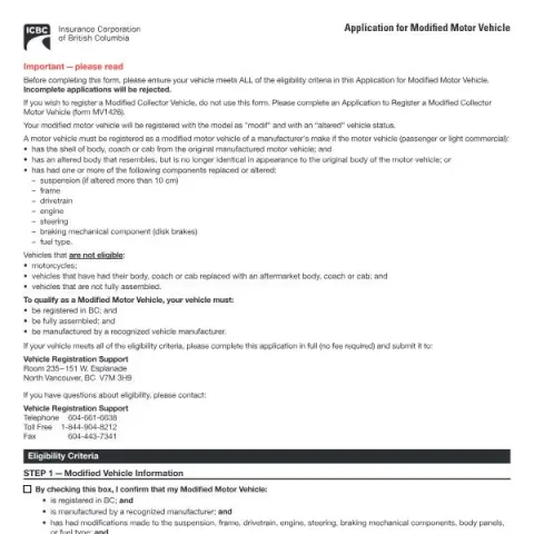 Document preview: Registering Your Modified Vehicle in British Columbia — Vehicle & driving (MV1437)