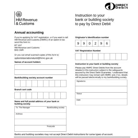 Document preview: Direct Debit Setup for VAT Annual Accounting Quarterly Payments — Taxes
