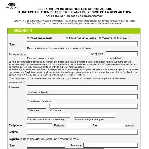 Aperçu du document Formulaire 15274*03 pour la reprise d'installations classées — Démarches administratives (CERFA n°15274*03)