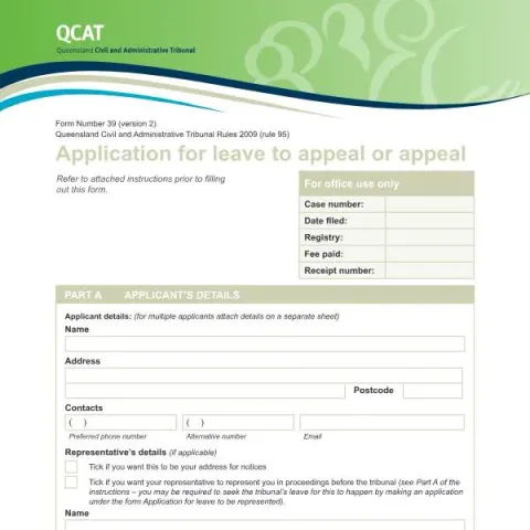 Document preview: Guide to Applying for Leave to Appeal or Appeal in QCAT — Legal & justice (Form Number 39 (version 2))
