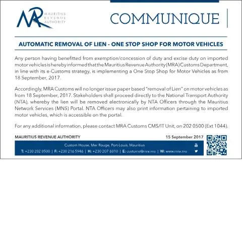 Document preview: Understanding the Automatic Lien Removal Process in Mauritius — Government & admin (OneStopShopforMotorVehicles)