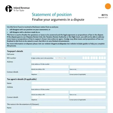 Document preview: Understanding the IR773 Statement of Position Form — Taxes (CERFA n°IR773)
