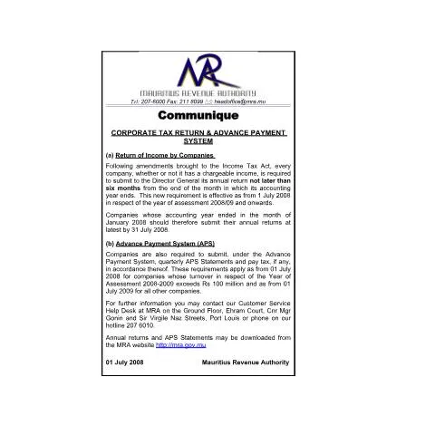 Document preview: Understanding the Corporate Tax Return Process in Mauritius — Taxes (CERFA n°communiqueCompaniesReturn_030708)