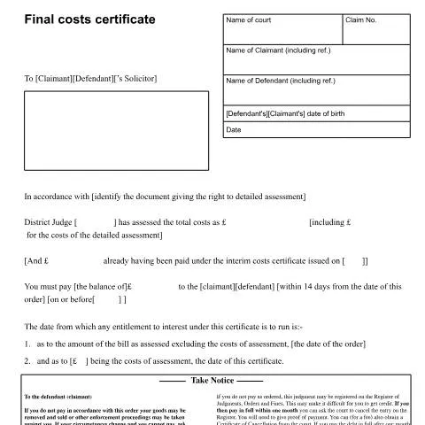 Document preview: Understanding Form N256: Final Costs Certificate in UK Civil Courts — Government & admin