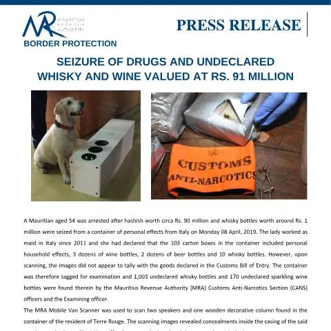 Document preview: Mauritius Border Security Seizes Drugs and Alcohol — Government & admin (PressRelease100419)