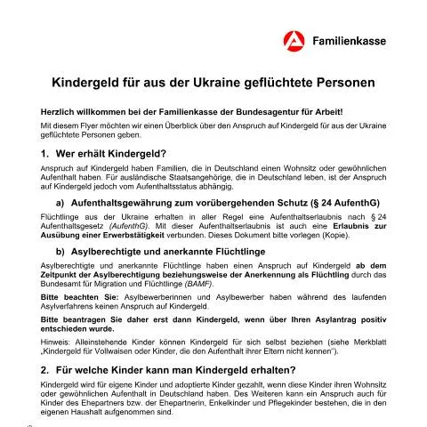 Dokumentvorschau: Wichtige Informationen zum Kindergeld für ukrainische — Familie (CERFA n°flyer-kindergeld-fuer-asylberechtigte-und-anerkannte-fluechtlinge_ba037080)