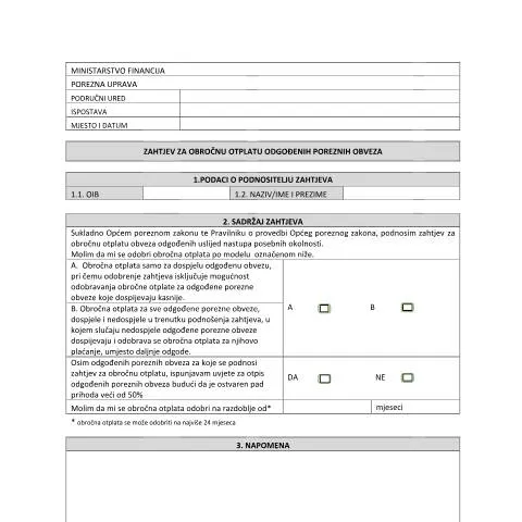 Document preview: Kako podnijeti zahtjev za obročnu otplatu poreznih obveza — Porezi i fiskalnost (CERFA n°Zahtjev za obročnu otplatu odgođenih poreznih obveza)