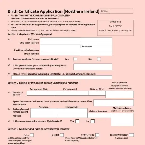Document preview: Birth Certificate Application (Northern Ireland) — Civil status & identity (GRO40)
