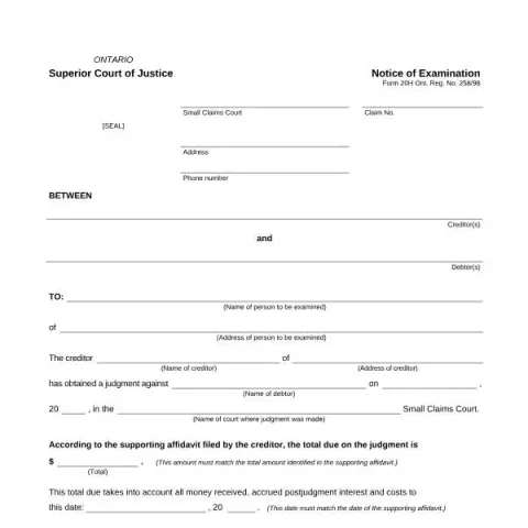 Document preview: Understanding the Ontario Superior Court Notice of Examination — Legal & justice (Form 20H)