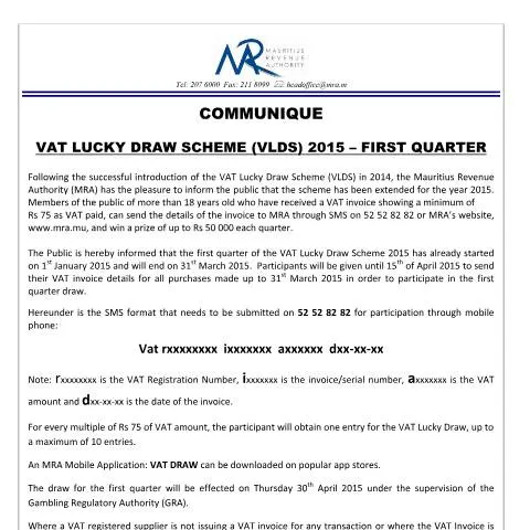 Document preview: Discover the Exciting VAT Lucky Draw Scheme for 2015 — Government & admin (VLDSQ12015)