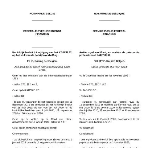 Aperçu du document Analyse des Règles du 1er janvier 2021 en Belgique — Impôts & fiscalité (CERFA n°Regels 1 januari 2021 (KB 16 december 2020))