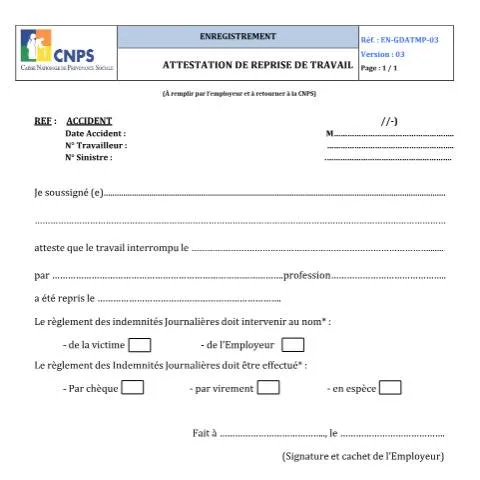 Aperçu du document Comprendre l'Attestation de Reprise de Travail ATMP en Côte d'Ivoire — Démarches administratives