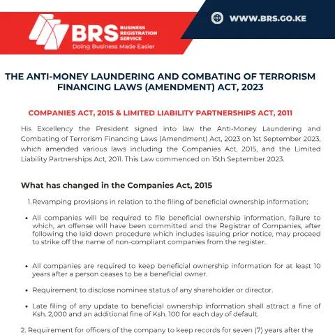 Document preview: Kenya's 2023 AML and Counter-Terrorism Financing Law Reforms — Government & admin (CERFA n°Summary-of-the-Anti-Money-Laundering-Comabting-Of-Terrorism-Financing-Laws-AMENDMENT-ACT-2023-Companies-Act-2015-a-LLP-A)