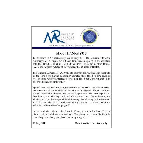 Document preview: Celebrating Community Spirit in Blood Donation 2011 — Government & admin (MRAThankYou2011)