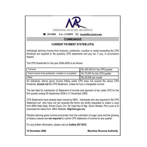 Document preview: Understanding the Current Payment System (CPS) in Mauritius — Government & admin (CPS161208)