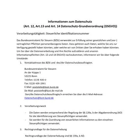 Dokumentvorschau: Verwendung der Steuerlichen Identifikationsnummer beim BZSt — Steuern (CERFA n°Steuerliche_Identifikationsnr)