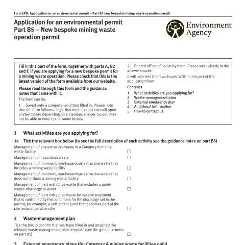 Document preview: Understanding the Part B5 Environmental Permit for Mining Waste — Environment & energy