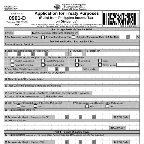 Document preview: Understanding BIR Form No. 0901-D for Tax Relief — Taxes (CERFA n°0901-D)